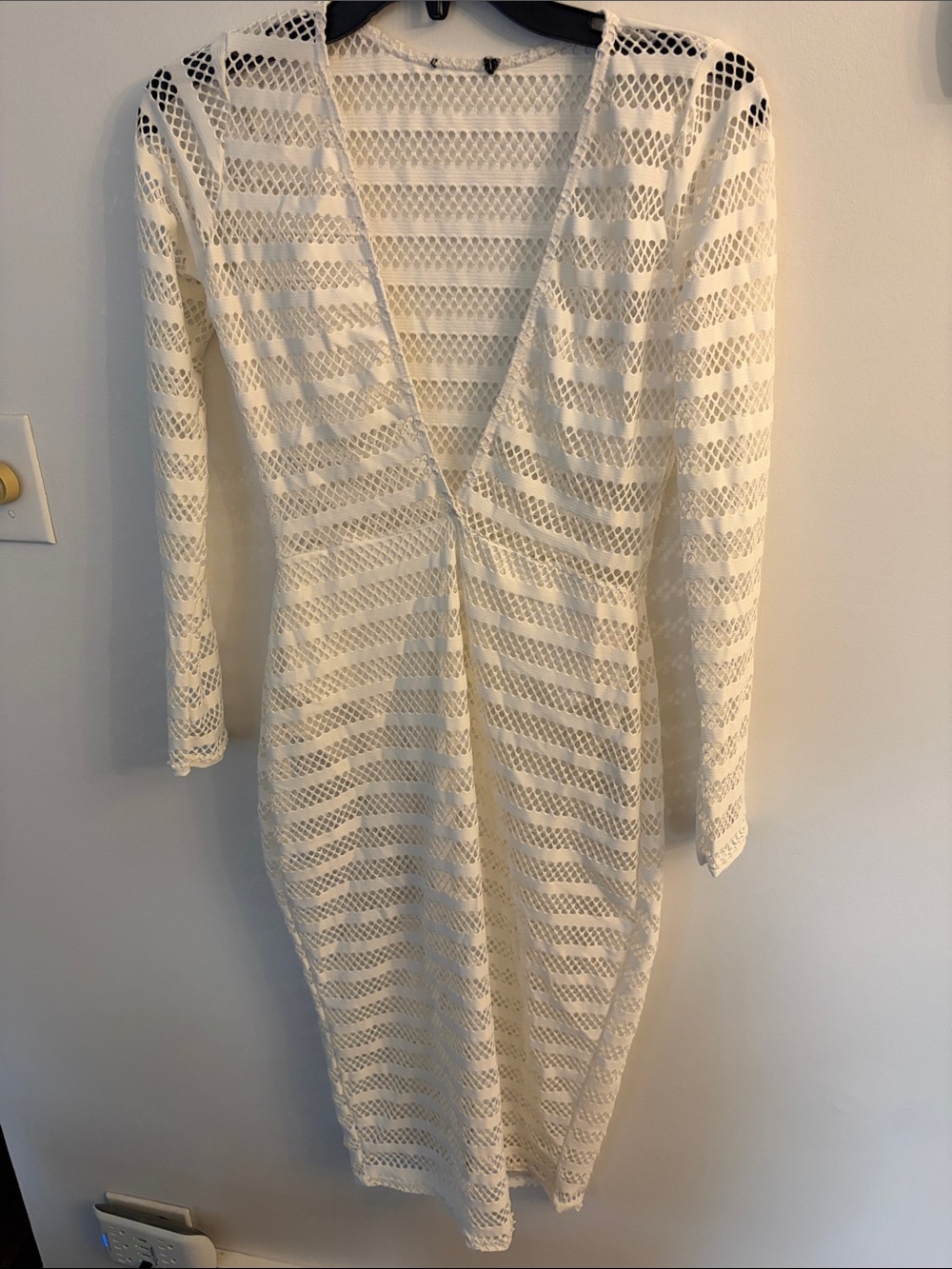 White Open-Knit V-Neck Midi Dress